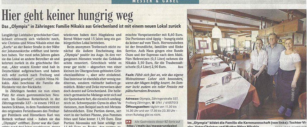 Restaurant Olympia Freiburg- Gastrokritik in der Badischen Zeitung